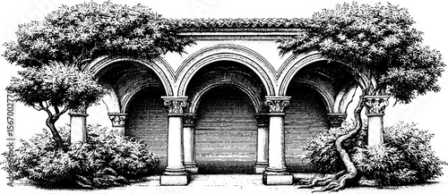 Open renaissance courtyard with stone arches and lush greenery - vintage architectural design