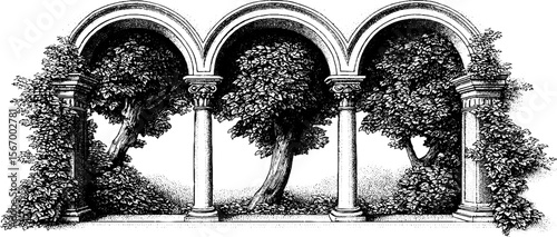 Renaissance courtyard scene with stone arches and trees - perfect for artistic designs