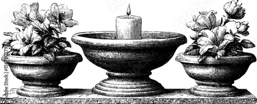 Vintage shrine arrangement with offering bowls candle and flowers for spiritual decor