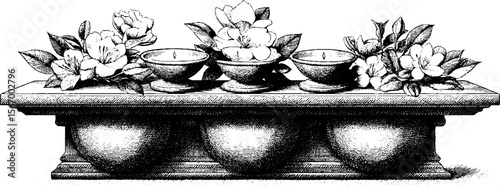 Vintage shrine offering with bowls, candles, and flowers - hand drawn design for decor