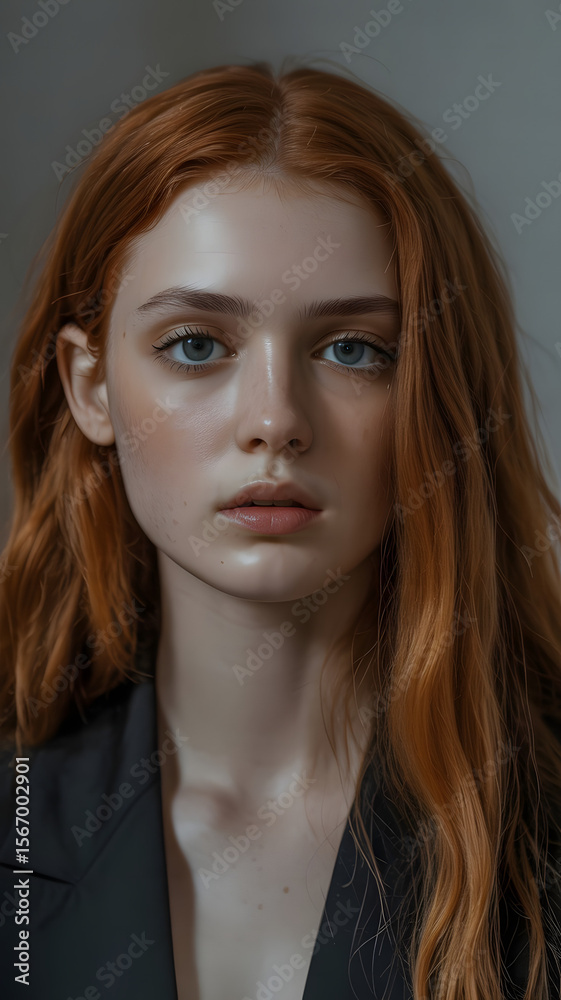 Fototapeta premium Editorial fashion photograph of a young redhead woman, cit , lit by hard key lights simulating a multi-flash setup, creating defined edges and deep shadows, sharp focus, confident expression, high fas