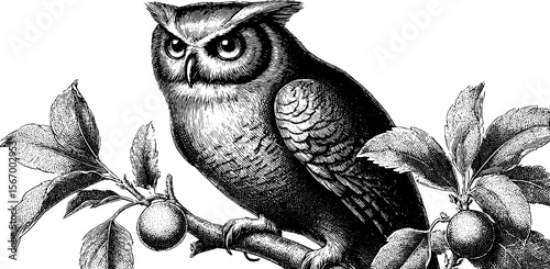 Vintage owl silhouette perched on branch in moonlit forest night scene