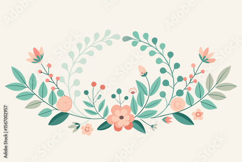 Minimal Leaf Flower Divider | Line Art Floral Border | Soft Pastel Botanical Vector