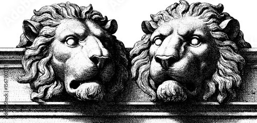Majestic stone lions guarding palace gate in vintage engraving silhouette