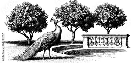 Vintage peacock in ornate courtyard with decorative tiles for elegant design
