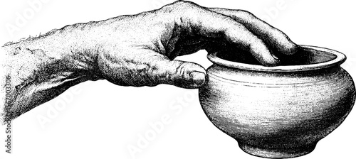 Potter shaping clay vessel in open air workshop - vintage hand drawn sketch for creative design