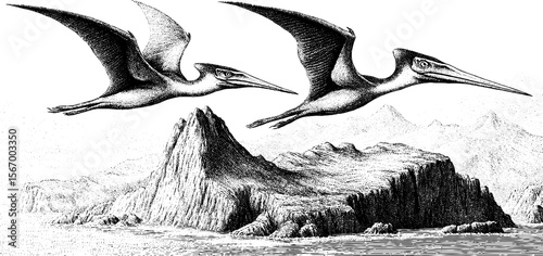 Pterodactyls gliding over volcanic cliffs in prehistoric landscape