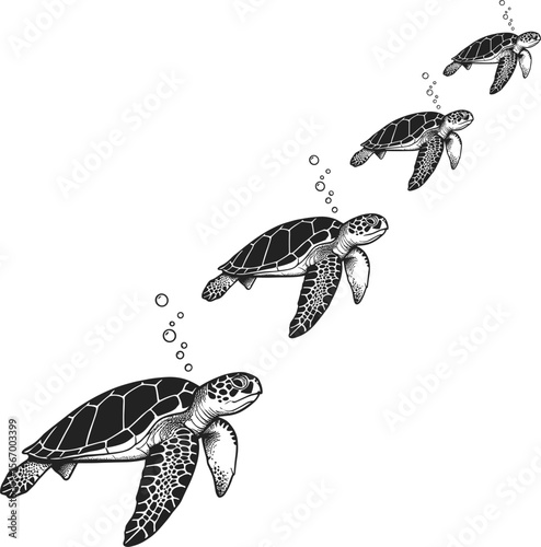 A set of turtles with bubble vector illustrations on a transparent background for t-shirt, wall mate, sticker, and comic book, and usable as other graphic resources.
