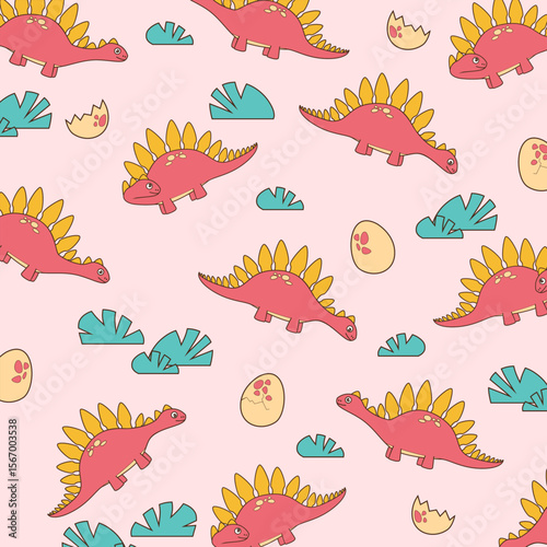 kids apparel seamless cartoon pattern design pink background of stegosaurus dinosaur