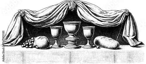 Renaissance banquet table with goblets, bread, and draped cloth for elegant dining design