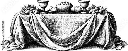 Renaissance banquet table with goblets and bread for historical themed design