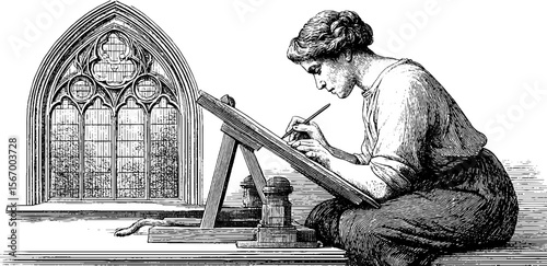 Renaissance artist at wooden easel creating masterpiece in gothic setting