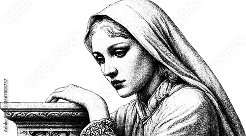 Renaissance noblewoman seated at balcony: elegant historical portrait for classical design