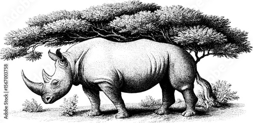 Rhinoceros standing firm beneath acacia tree in breezy savannah landscape