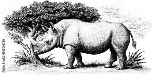 Rhino standing firm beneath acacia tree in wind - vintage sketch for nature lover's decor