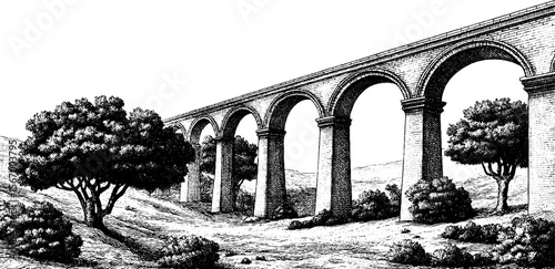 Roman aqueduct in countryside - vintage hand drawn engraving for historical and architectural design