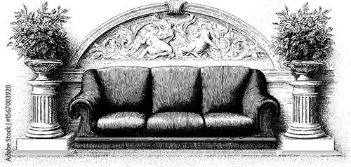 Vintage roman dining room with reclining couches and fresco - engraved artistic scene for retro design