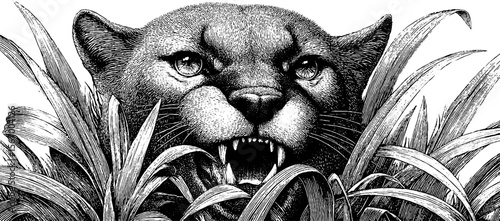 Vintage saber toothed cat emerging from tall grass engraving for retro design
