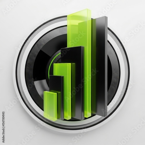 Abstract geometric bars in green and black rise from a circular metallic structure