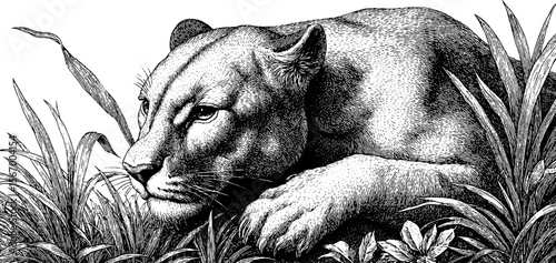 Ancient saber toothed cat emerging from tall grass in vintage hand drawn engraving