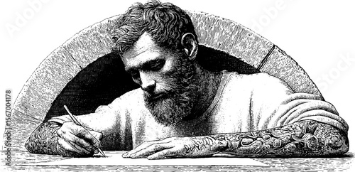 Vintage scribe using stylus on wax tablet in retro artistic setting
