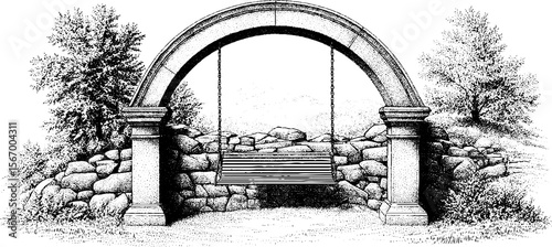 Vintage hand drawn scene of abandoned playground with arch and broken swing