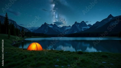 Illuminated tent by lake at night with mountains and stars in the dark blue sky above it all