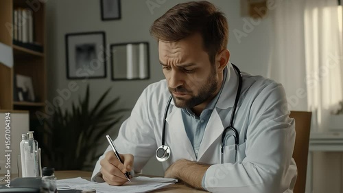 Focused medical professional writing patient records