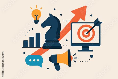 Concept business strategy and digital marketing. Growth and success. Chess knight for tactics. Target with arrow for goals. Data analytics graph. Promotion with megaphone. Idea lightbulb.