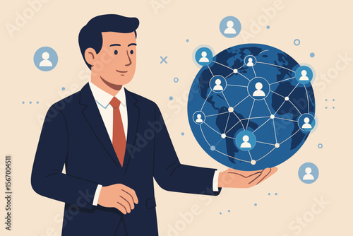 Businessman holding globe. Global network structure. Data exchange, customer connection concept. Customer relationship management, CRM. Market research, social media analysis. Worldwide.