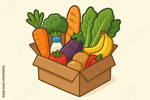 Cardboard box full of fresh groceries, produce, fruit and vegetables. Healthy food delivery, grocery shopping or food donation concept. Vector cartoon illustration of organic food.
