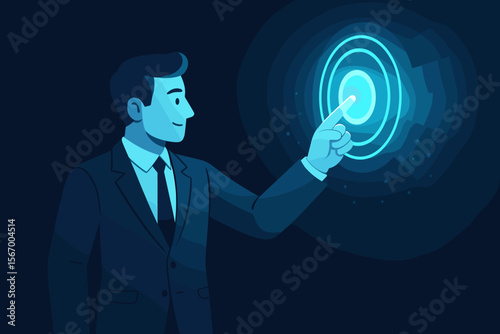Businessman pressing glowing start button. Man hand touching virtual screen. Futurist technology, new business project launch. Digital innovation, strategy concept. Vector cartoon illustration.