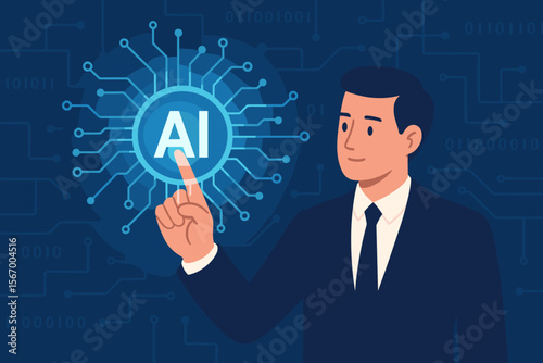 Businessman touching AI logo. Artificial intelligence technology. Machine learning, neural network, big data algorithm. Futuristic business, coding, software development, network.