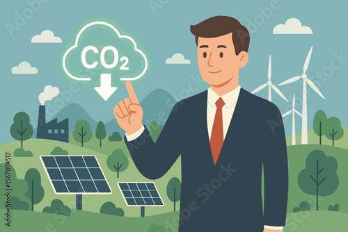 Businessman reducing CO2 emissions to limit global warming. Green business concept with renewable energy. Clean environment with solar panels, wind turbines. Carbon dioxide footprint.