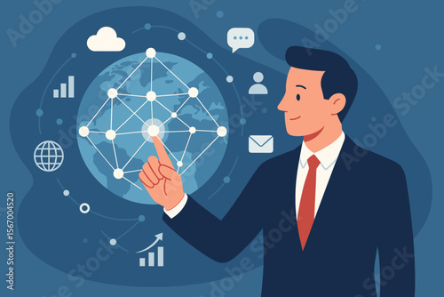 Businessman touching global network and data exchange. Concept of big data analytics, digital transformation, worldwide business connection and modern internet technology. Flat illustration.