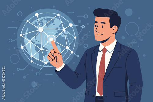 Businessman touching global network. Data exchange and communication technology concept. International business strategy, innovation and future growth. Digital transformation metaphor.