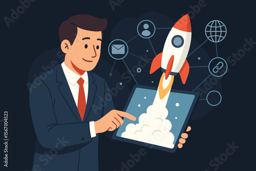 Businessman launching a rocket from a tablet, a concept for a new startup project. Business boost, financial success, and marketing strategy. Modern flat vector cartoon illustration.