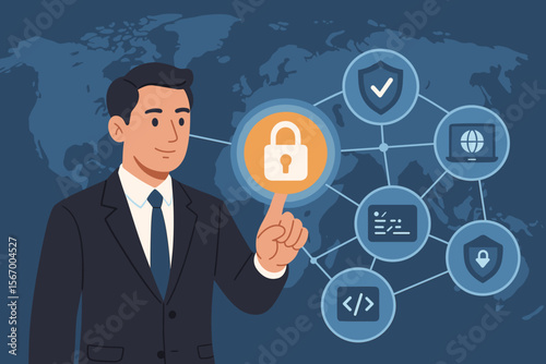 Cybersecurity and data protection technology concept. Businessman touching a virtual screen with security icons. Global network safety, information privacy and digital encryption.