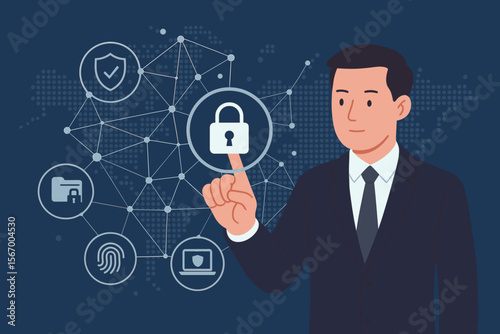 Cyber security concept with businessman touching virtual screen with icons. Global network data protection technology. Information safety, digital privacy, and secure encryption.