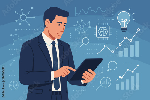 Businessman uses tablet for data science and business technology. Concept for modern innovation, artificial intelligence, deep learning, analysis, and creative development strategy.