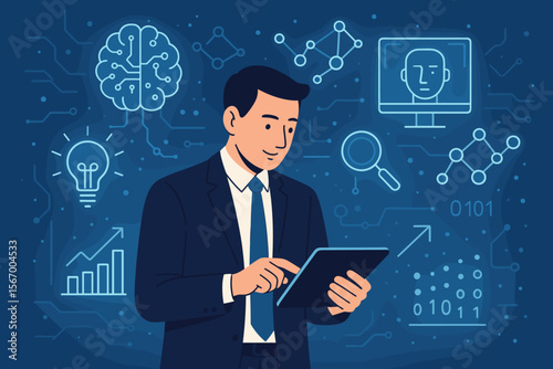 Businessman with tablet. Data science and business technology concept. Artificial intelligence, deep learning, big data analysis, innovation, and creative development strategy.
