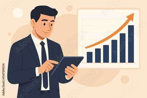 Businessman analyzing sales data on a tablet. Financial report with a graph chart. Business success, economic growth, and investment strategy concept. Modern flat vector cartoon illustration.