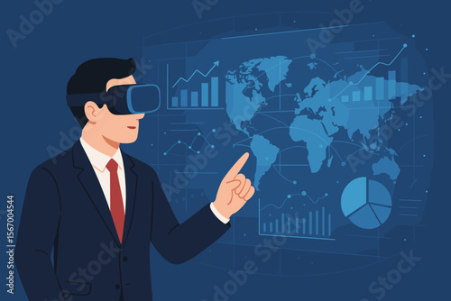 Businessman using virtual reality glasses watching hologram display of business data. Stock and financial on global network. VR. Metaverse. Visualization. Technology. Infographic.