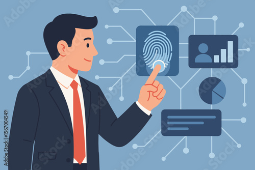 Businessman touching fingerprint scanner on digital screen for biometric authentication. Secure access to business data network. Cybersecurity, identity verification and technology concept.