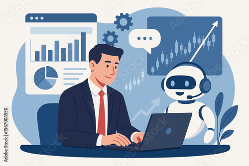 Businessman uses AI chatbot for financial analysis. Artificial intelligence robot assistant for stock market trading. Fintech concept for investment data analytics and business success.