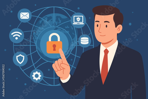 Cybersecurity concept with a businessman managing global network security. Data protection metaphor with icons. Information privacy, internet safety, and personal data encryption.