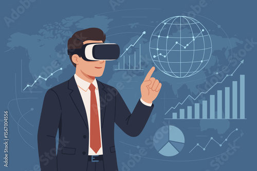 Businessman in virtual reality glasses analyzing financial data on a holographic display. Metaverse concept for global business, stock market investment, and futuristic technology.