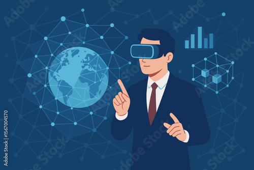 Businessman in VR goggles working with a virtual hologram. Global network connection, metaverse, big data, blockchain concept. Modern business technology for finance and data analysis.