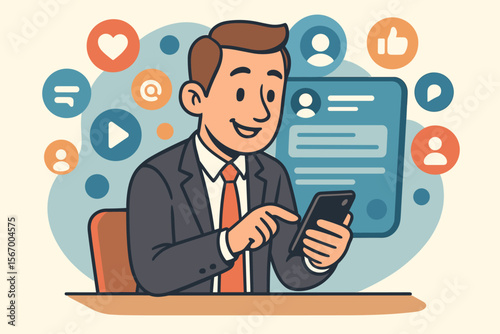 Businessman working online with a mobile phone. Social media marketing concept. Man using smartphone for business communication, networking, SMM, content strategy and engagement.