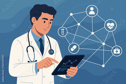 Cardiologist analyzing patient data on tablet. Healthcare technology concept. Medical network with virtual icons. Telemedicine, digital health record, cardiology diagnostics, e-health.